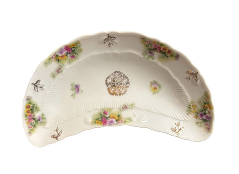 Antique Germany Hand Painted Pink & Yellow Flowers Crescent Shape Plate