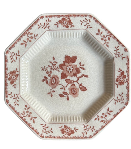 Pinkish Brown Rust Vintage English Ironstone Octagon Plate Chinoiserie Flowers