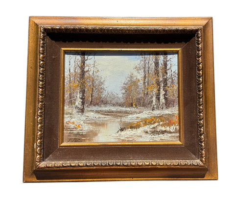 Vintage Signed Original Oil Painting Framed Landscape Stream Woods Velvet Gilt Wood Frame