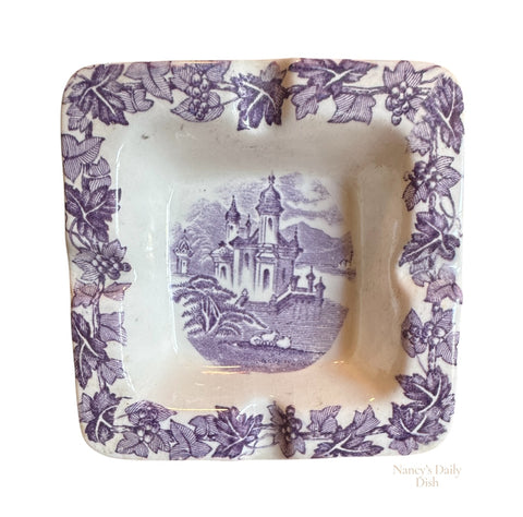 Maling Purple Transferware Square Ashtray Coaster Castles Grazing Sheep Ivy and Berries Border