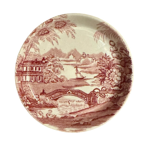 Red Transferware Clarice Cliff Coaster or Salt Dip Tonquin Wading Swans Waterfall Roses Sail Boat