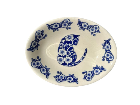 Vintage Blue Ironstone English Transferware Soap Dish Calico Cat