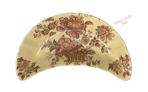 Polychrome Brown Floral Transferware Crescent Bone Dish Charlotte Basket of Flowers