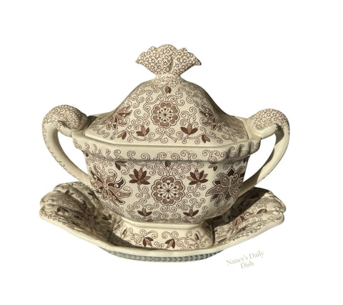 Vintage Brown Calico Transferware Masons Bow Bells Floral Lg Gravy or Sauce Tureen & Underplate