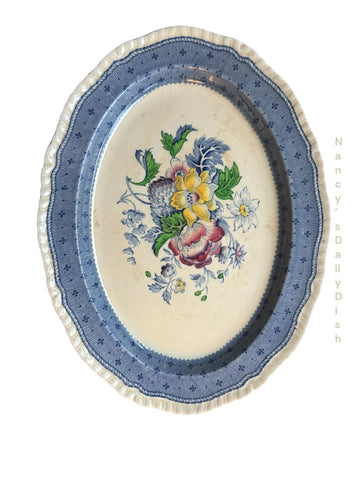 Vintage Polychrome Blue Transfer Ware Platter Floral w/ Hand Painted Flowers
