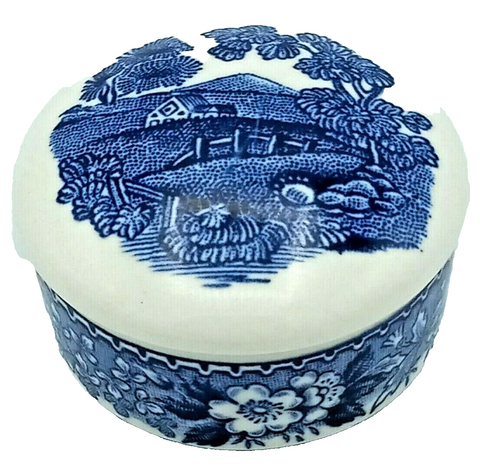 Blue & White China Miniature Vintage English Trinket Box / Salt Cellar Transferware
