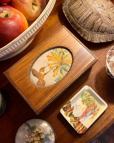 Vintage Hand Carved Wood Box w/ Inset English Woven Silk of a Hummingbird & Trumpet Honeysuckle