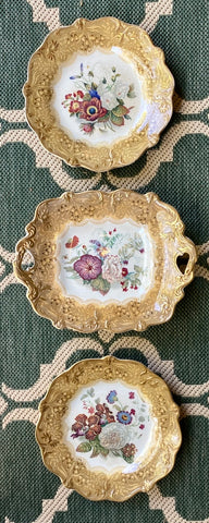 3 pc set Antique Pratt Golden Yellow Transferware Footed Handled Platter & Plates Country French Botanical Floral Bouquet Peonies Cornflower Phlox