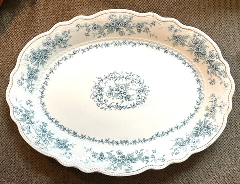 Antique 16" Teal Transferware Platter Victorian Florals Roses Daisies & Vines Grindley Eileen