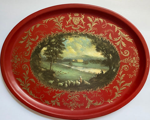 Vintage English Tole Toleware Red Tray Flock of Sheep Scene Derwent River Chatsworth House