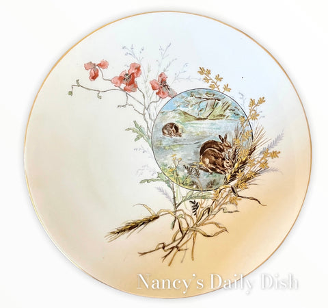 Antique Aesthetic Movement 🐰Rabbits Wheat 🌾 & Orchids Flowers Encrusted Gilded Plate