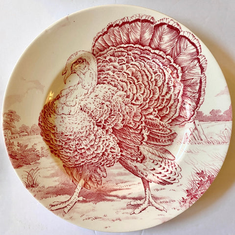 Vintage / Antique  Pink / Red Transferware Turkey Plate English China Staffordshire Dinner Plate Thanksgiving Decor Midwinter Wild Turkey