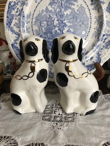 6” Pair of Vintage Black & White Gilt English Staffordshire Spaniel Dog Figurines  - English Country Decor