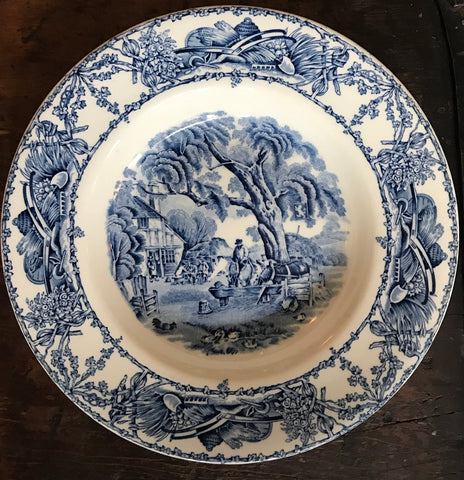Blue & White Transferware Soup Salad Bowl Rural Scenes Ducks Stream Horses Tavern