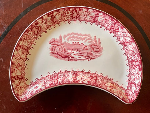 Rare Antique Salad Plate Crescent Shape Waterfall scene Red Transferware
