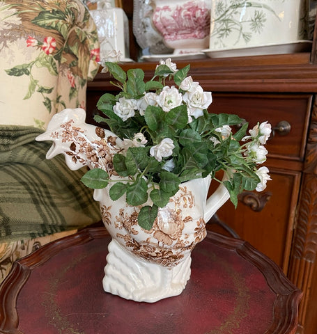 Vintage English Transferware Staffordshire China Rooster Pitcher Charlotte Basket Roses Brown Transferware Figural Pitcher