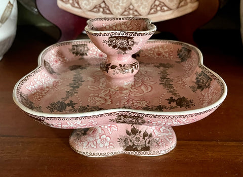 Circa 1835 VERY Rare Pink Brown Two Color Transferware Tidbit Stand Etruscan Festoon Ridgway