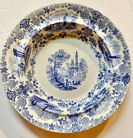 Antique English Victorian Light Blue Transferware Rim Soup Bowl Marmora Ship scenes we