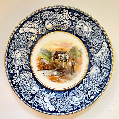 Blue  Transferware Plate w/ Hand Painted Horse & Cart scene