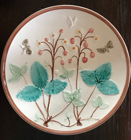 Antique Majolica Charger Platter Pink Greens Wildflowers & Butterflies