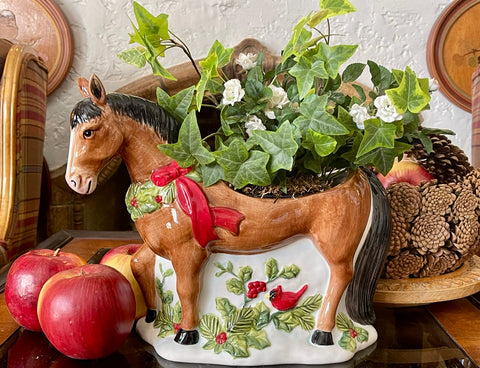 Cottage Kitchen 🐴 Horse 🐎  w/ Cardinal Bird Flower Pot Planter or Cookie Jar Figurine Vintage Style