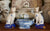 Vintage Pair Blue & White Chinoiserie Floral English Transferware Staffordshire Mantle Cats w/ Bows RARE