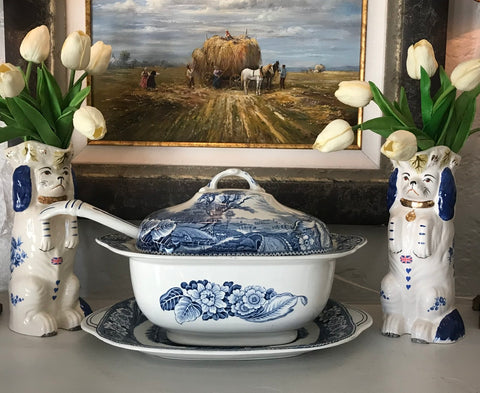 Antique Blue & White RARE Soup Tureen Ladle & Platter Woods Woodland Pastoral Horse & Plough Dog Farmhouse