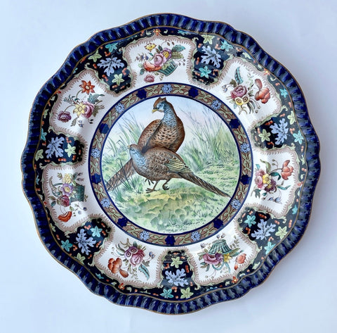 Copeland Spode Upland No. 6 Pheasants Game Birds Enameled Clobbered Antique Bi Color Transferware Plate