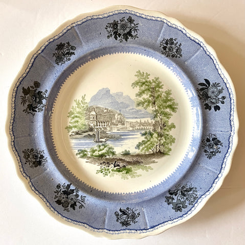 Early 19th Century RARE Davenport Blue Staffordshire THREE Color Transferware Plate