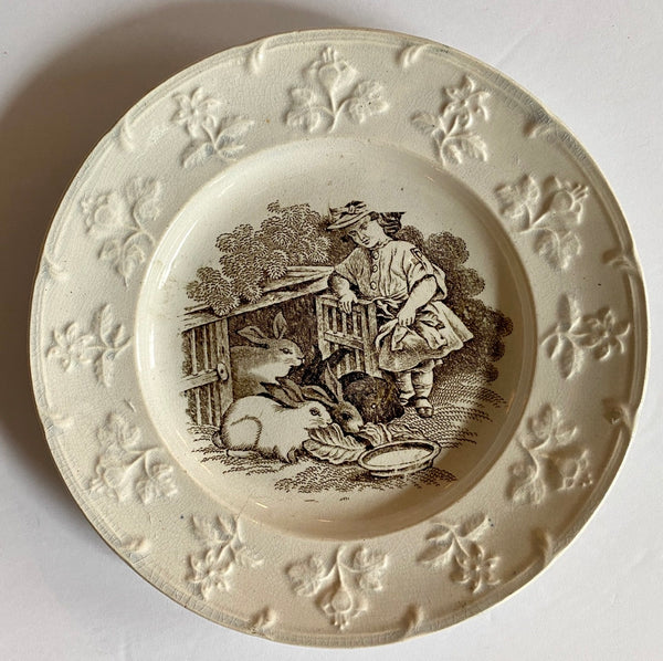 19C Staffordshire Girl & Her Rabbits Nursery Rhyme Childs Plate Brown