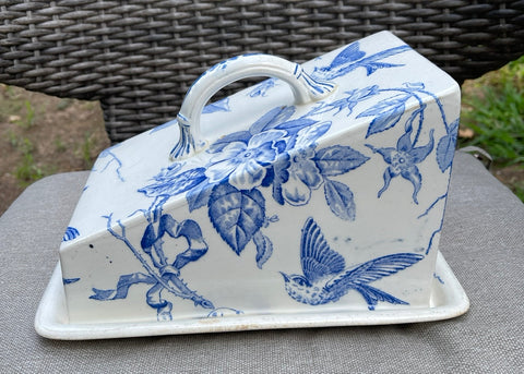 Antique English Victorian Blue Transferware Cheese Keep Song Birds Roses Aesthetic Movement