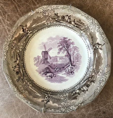 Antique Early Staffordshire 1850's  Purple Brown Bi-Color Transferware Plate Cows Windmill Trellis Eon