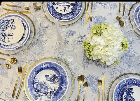 Blue Toile Tablecloth 55" x 120"  New Bucolic Sheep Horses Dogs