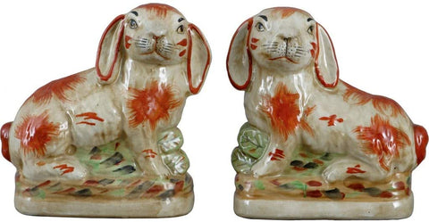 Pair Rust Brown & Off White Staffordshire Rabbit Figurines  - English Country Decor