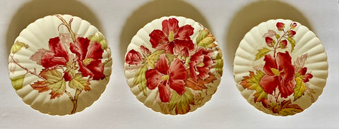 Set of 3 Different Antique 19C Aesthetic Movement Red Transferware Hibiscus Plate by Brown Westhead & Moore