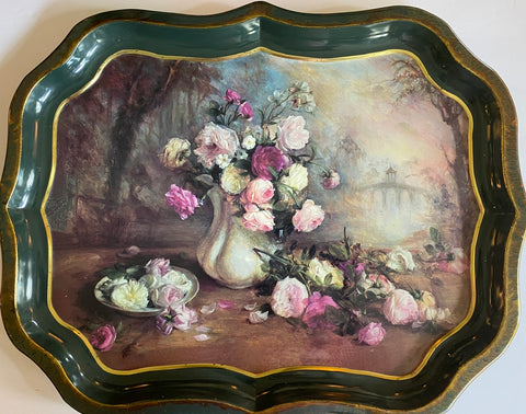 Vintage English Garden Roses Still Life Dark Green Tole Tray