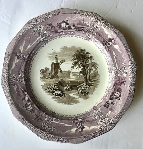 Antique Early Staffordshire Circa 1850-60  Purple Brown Two Color Transferware Plate Working Farm Windmill Trellis Eon