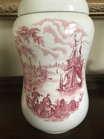 Clipper Ship RARE Red Transferware Ironstone Canister Lidded Jar Safe Harbour Port Scene Staffordshire England