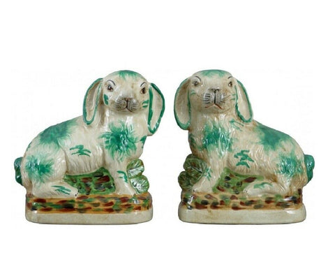 Pair Green & Off White Staffordshire Rabbit Figurines  - English Country Decor
