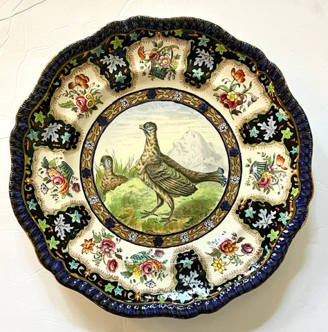 Copeland Spode Upland No 4 Blackcock Game Bird Enameled Clobbered Antique Bi Color Transferware Plate