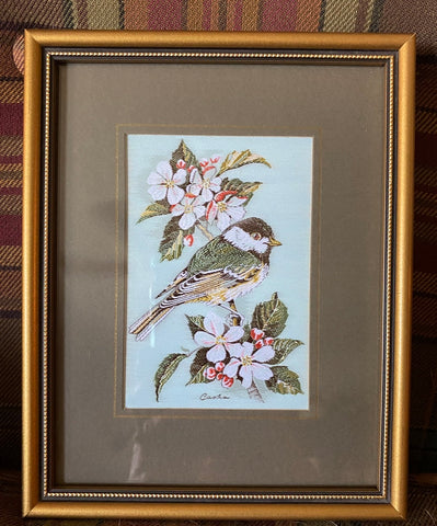 Vintage English Woven Silk Black Capped Chickadee & Apple Blossom Matted & Gold Frame