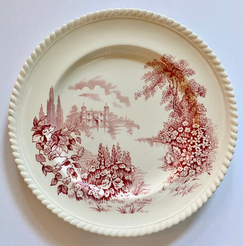 Pink Red Toile TRANSFERWARE 10” Plate Castle on Lake Foxgloves Roses