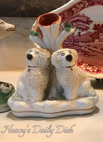 RARE Antique Staffordshire Confetti Poodle Dog Spill Vase w/ Inkwell