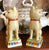Vintage 8" Pair Tan English Staffordshire Cat Figurines w/ Rust Bows on Blue Rust Bases