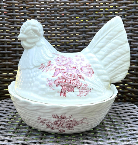 Vintage Red Transferware English Ironstone Nesting Hen Egg Basket Tureen Charlotte