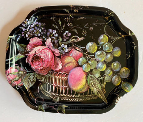 Small Vintage English Tole Tray Pink Roses Grapes Fruit in Basket