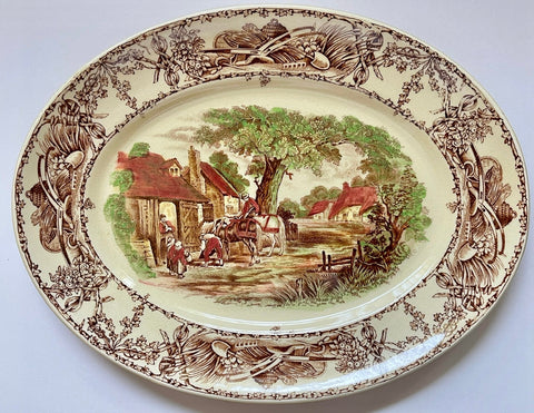 Polychrome Brown Transferware Oval Serving Bowl Children Horses Pastoral Davenport Rural Scenes