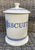 Large Vintage English Blue Whiteware Transferware Advertising BISCUITS Canister Jar