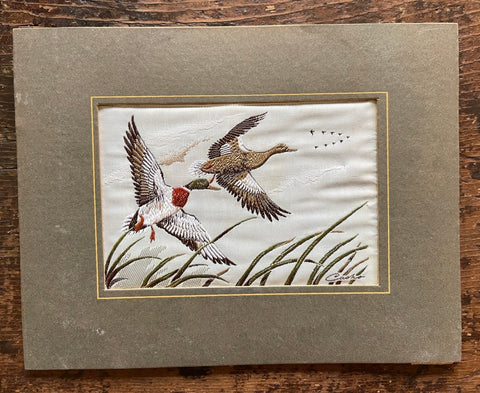 Vintage English Woven Silk Mallards in Flight Bird Picture Matted