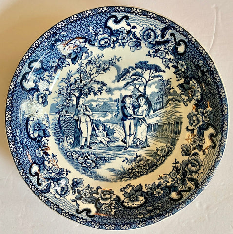 Vintage Blue Transferware Pasta / Salad Bowl Victorian Family Playtime Swagged Garland Roses